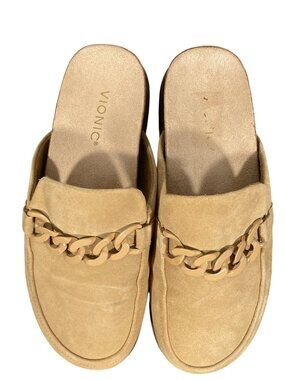 Vionic Georgie Tan Suede Slip-On Mules Chain Accent & Cork Sole 9.5 boho